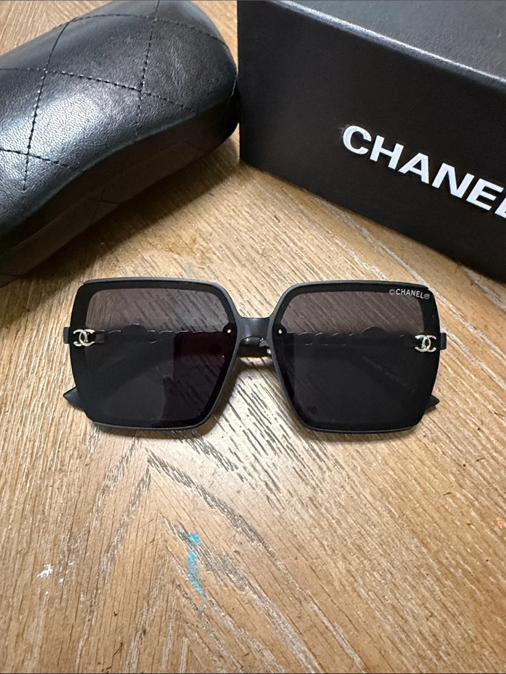 CHANEL Oversized Black Square Sunglasses with Silver CC Accents